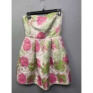 Dina Joe dress Womens‎ small strapless pastel floral jacquard Pink Green pockets